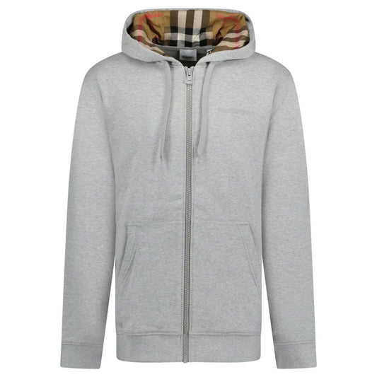 Burberry Hove Check Embroidery Logo Zip Hoodie Pale Grey