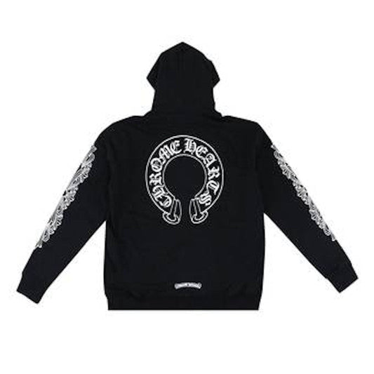 Chrome Hearts Horseshoe Floral Cross Sleeve Zip Up Hoodie Black/White