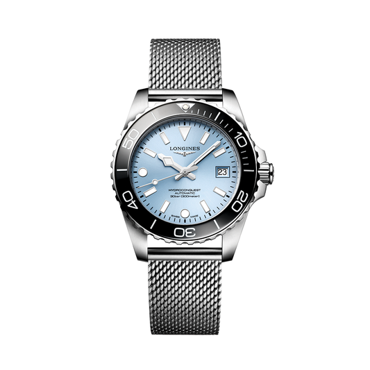 Longines HydroConquest 39mm Watch - Blue, Black Bezel on Mesh Bracelet