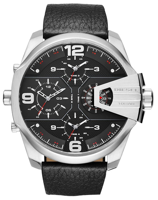 Diesel DZ7376 Uber Chief Oversized 4 - Time Men's Watch - Black Dial & Black Leather Strap